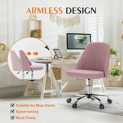 Armless Small Desk Chair – Cute Vanity Swivel Chair with Back, Fabric Upholstery & Wheels for Home & Gaming