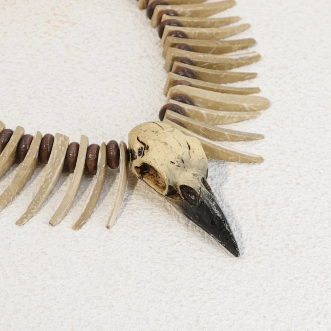 Vintage Viking Crow Skull Necklace – Gothic Resin Animal Pendant with Irregular Coconut Shell Teeth Jewelry