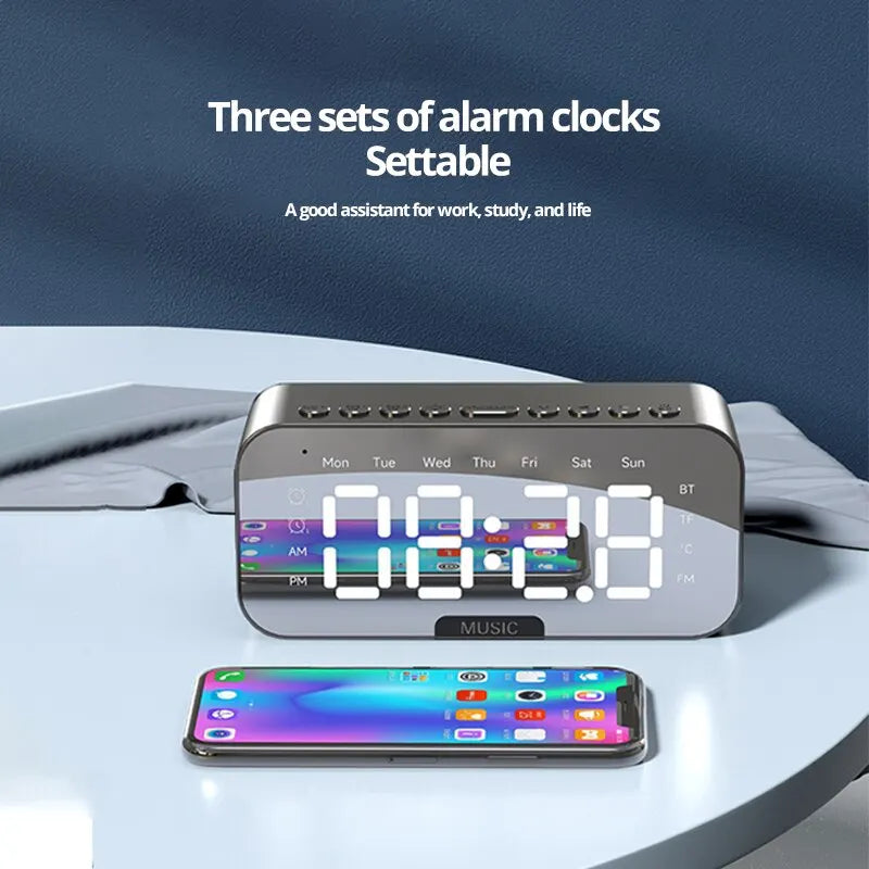 LED Digital Alarm Clock with Bluetooth Speaker - Mirror Screen, Temperature Display, FM Radio, Ideal for Bedroom and Office Decor