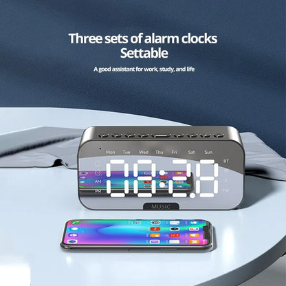 LED Digital Alarm Clock with Bluetooth Speaker - Mirror Screen, Temperature Display, FM Radio, Ideal for Bedroom and Office Decor