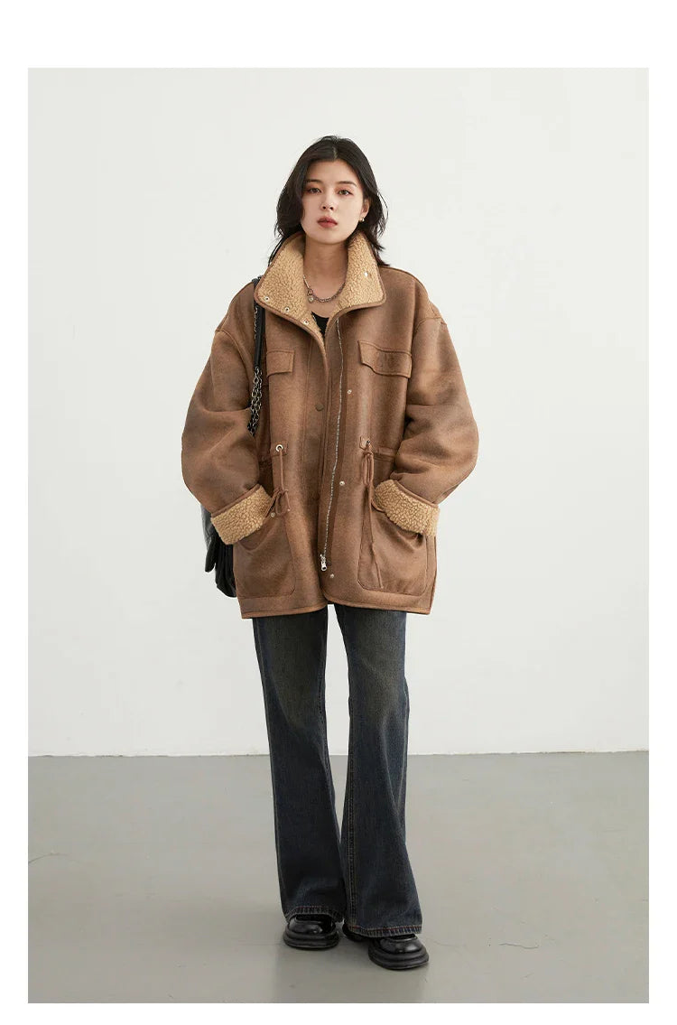 CHIC VEN Women's Reversible Jacket – Thick Suede, Motorcycle Style, Loose Fit Winter & Autumn Outerwear 2023
