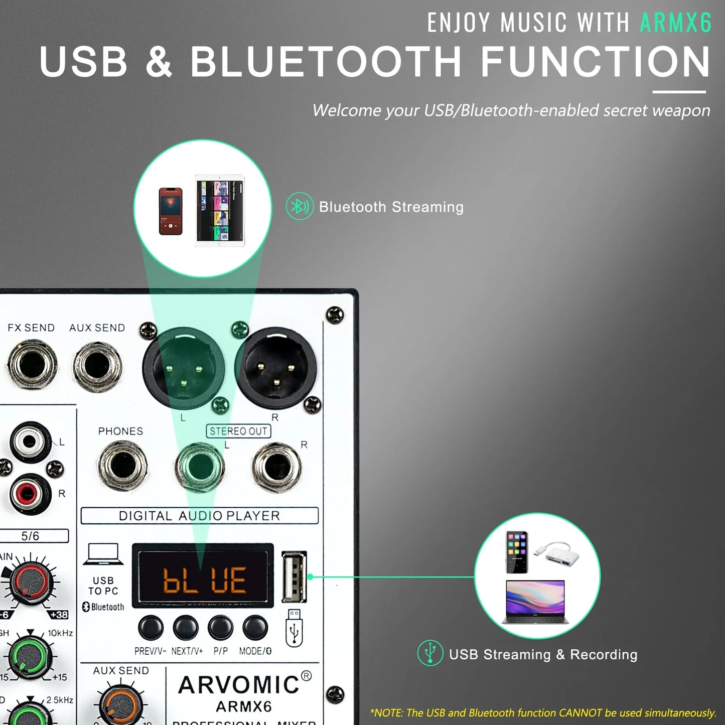 ARVOMIC 6 Channel DJ Audio Mixer – USB Interface, Bluetooth, 16 DSP Effects, 3-Band EQ (ARMX-6)