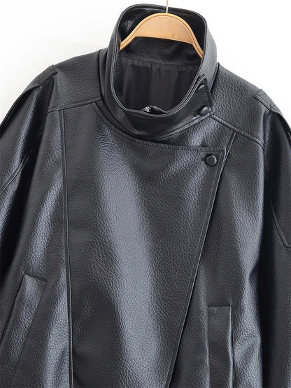 Women's Faux Leather Motorcycle Jacket - 2026 Autumn Black Long Sleeve Fashion Outerwear