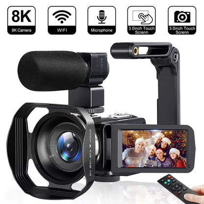 8K Digital Video Camera – 64MP Professional Recorder with 18X Digital Zoom, 3-Inch LCD Touch Screen Camcorder