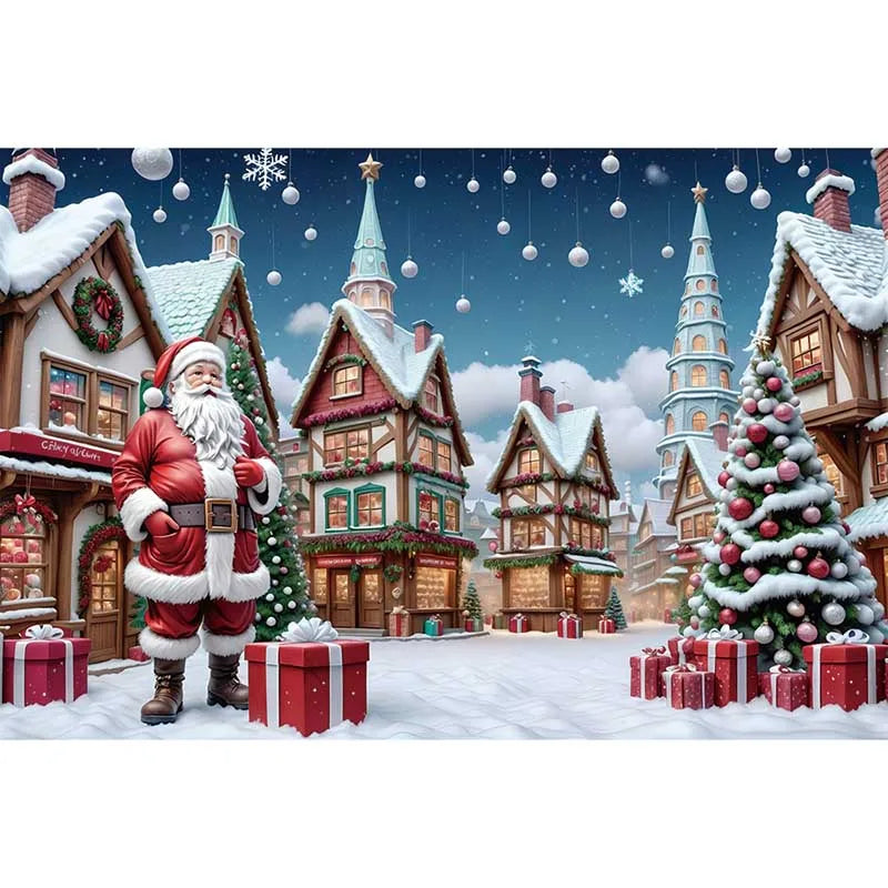 MOON.QG Christmas Santa Claus Village Backdrop – Holiday Photo Studio Background with Trees & Gifts for Home Decoration