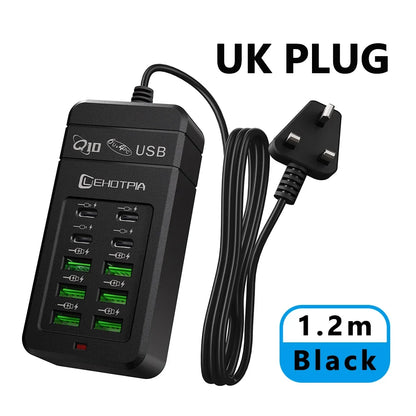Multi-Port USB Fast Charger - EU UK US Plug 10-Port Power Adapter with 6 USB-A & 4 USB-C Ports Cable