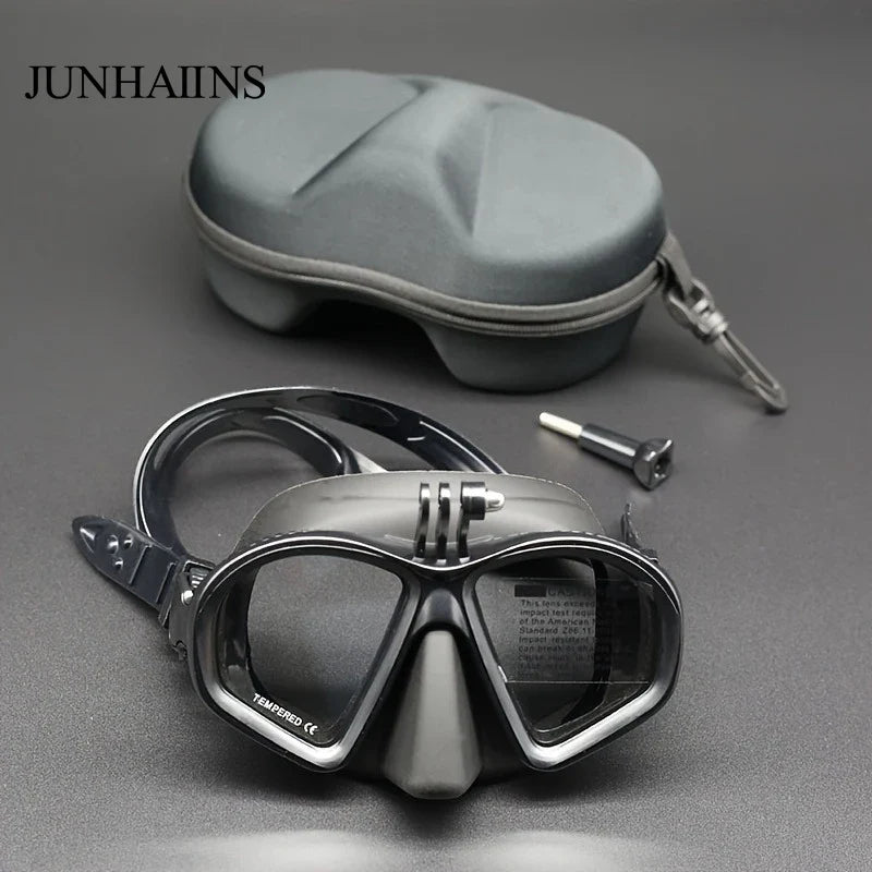 Freediving Mask with Camera Mount - Two-Window Tempered Glass Waterproof Anti-Fog Snorkeling Mask