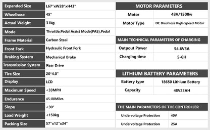 Kickwey K7 Adult Electric Bike — 1500W 48V 23Ah Mountain E-Bike, 20" Fat Tires, Off-Road Outdoor Adventure