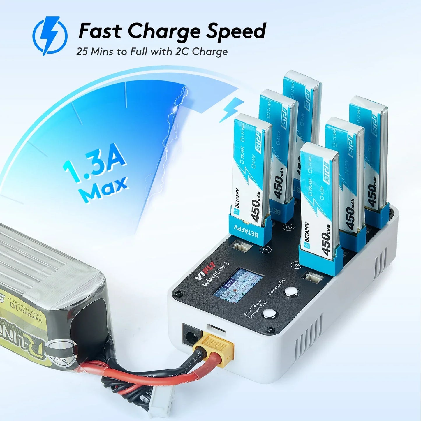 VIFLY WhoopStor 3 V3 6-Port 1S Lipo Battery Charger — Discharger & Storage for FPV TinyWhoop 4.2V/4.35V