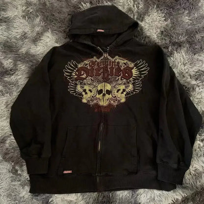 2000s Red Couple Zipper Hoodie – Vintage Y2K Skull Snake Cotton Full-Zip Sweatshirt