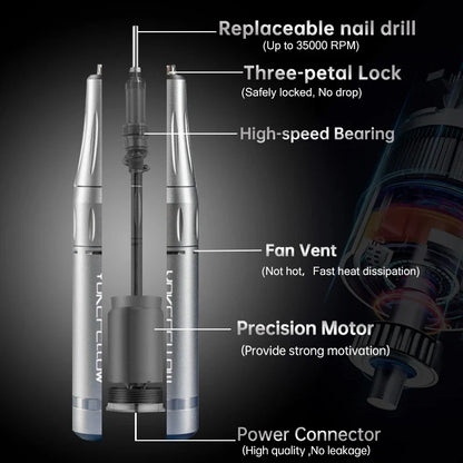 YOKEFELLOW Professional Nail Drill Kit – 35000RPM Rechargeable Electric Nail File for Manicure, Acrylic & Gel Nails