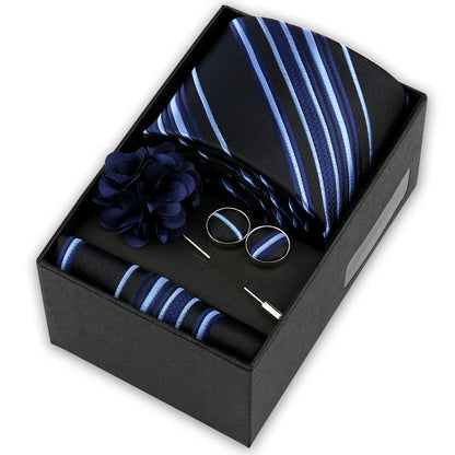 Men’s 4-Piece Tie Set Gift Box - Elegant Necktie with Handkerchief, Cufflinks & Brooch for Business, Wedding & Suit Accessories