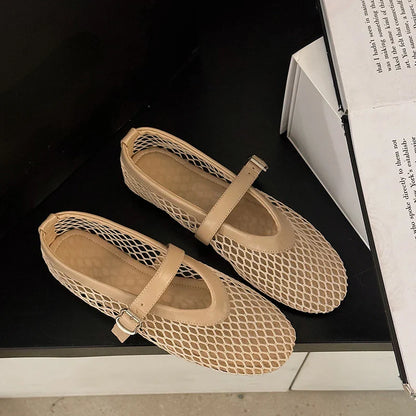 Women's Summer Fishnet Mary Jane Flats – Round Toe Cut-Out Buckle Comfort Shoes