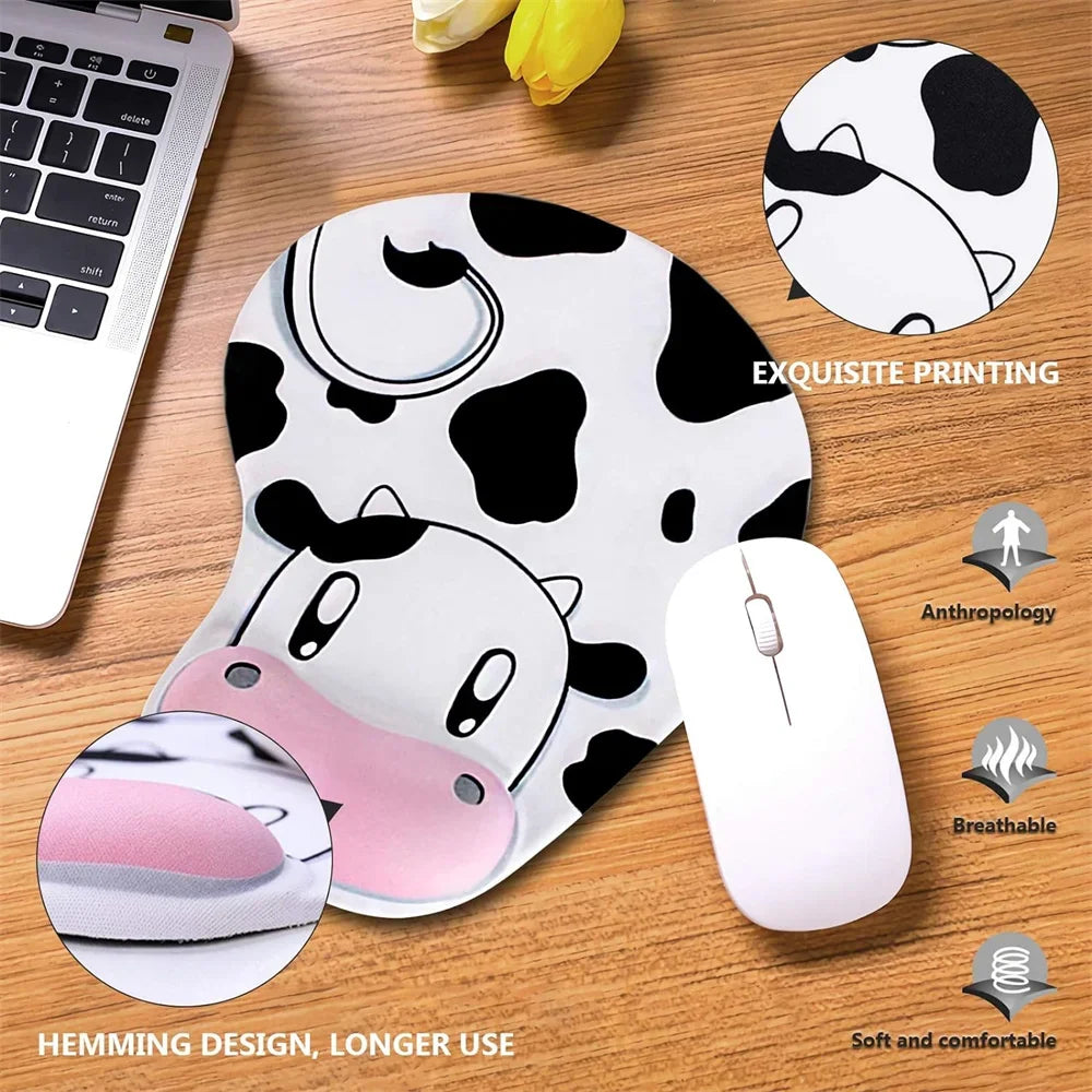 Cow Ergonomic Mouse Pad with Wrist Support - Non-Slip Rubber Base for Computer Use