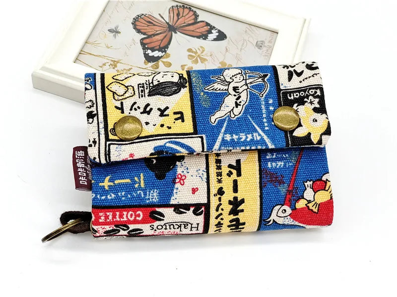 Women’s Canvas Cartoon Card Wallet – Foldable Key Organizer & Coin Purse, Small Pouch Money Bag for Girls 2024