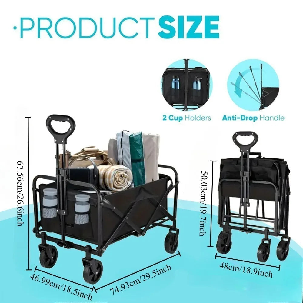 Heavy-Duty Folding Wagon Cart - Large Capacity Collapsible Utility Cart with 360° All-Terrain Wheels & Side Pockets