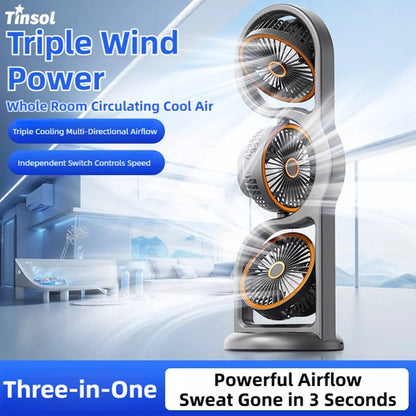 Portable USB Rechargeable Three Head Fan - 360° Air Circulation 5 Speed Desktop Cooling Fan for Dorm, Office & Outdoor Use