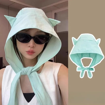 Women Cute Cat Ear Bucket Hat – Kawaii Cartoon Soft Breathable Sun Protection Cap, Adjustable Casual Summer Multi-Functional Hat