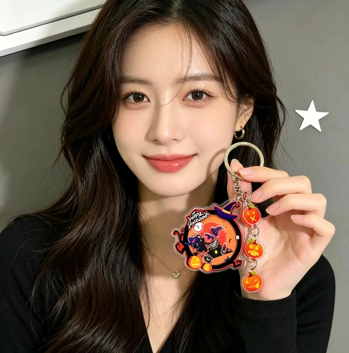 Halloween Acrylic Shaker Keychain - Cute Black Cat, Witch, Pumpkin & Ghost Bag Pendant