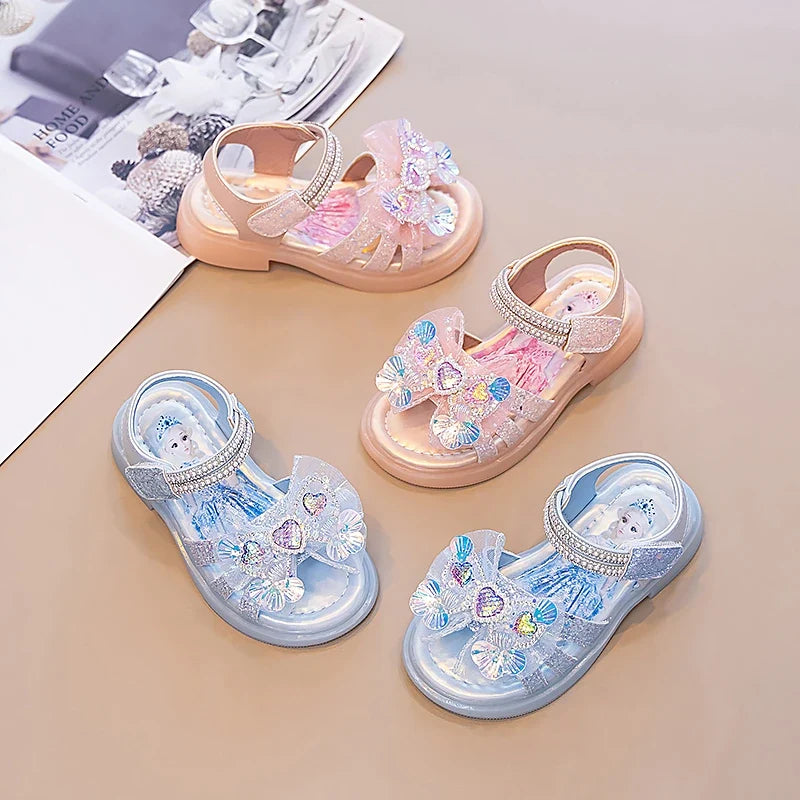 Girls' Rhinestone Bow Sandals - Sparkly Pearl Heart Summer Party Shoes