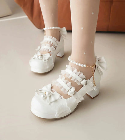 Women’s Cross Strap Mary Jane High Heels – Party, Wedding, Cosplay Lolita Pumps in White, Pink, Black, Strawberry Bow 2025
