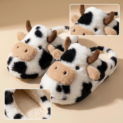 3D Cow Plush Slippers - Cute Fluffy Warm Non-Slip Indoor Home Shoes for Women