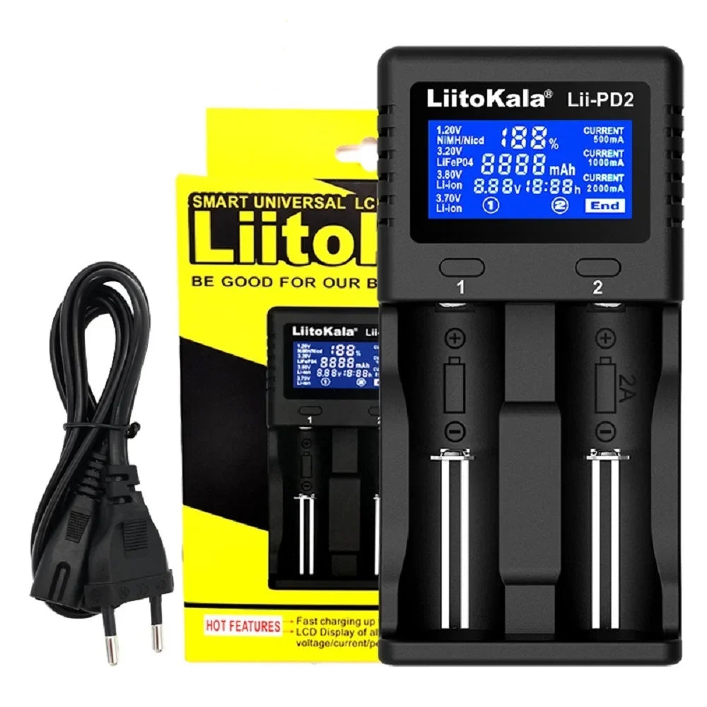 Liitokala Lii-PD2 Lii-PD4 18650 Battery Charger: LCD Multifunction Charger for 3.7V & 1.2V Batteries - Compatible with 26650, 18350, 16340, 18500, 14500, AA, AAA