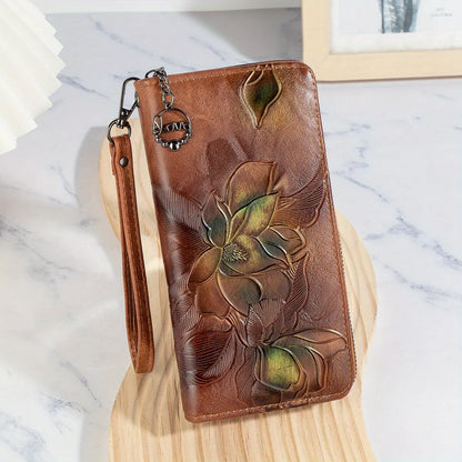Retro Long Embossed Zipper Wallet — Multi-Card Clutch & Phone Bag with Coin Pocket