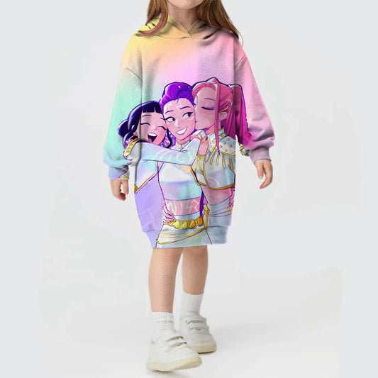 KPop Demon Hunters Hoodie Dress — Rumi Cute Cartoon Sweatshirt Pullover for Girls, Long Sleeve Autumn Y2K Sportswear