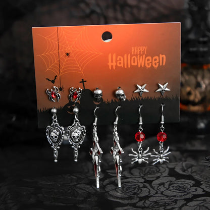 Halloween Crystal Skull Spider Drop Earrings - Gothic Red Crystal Cross and Rose Metal Earrings for Women
