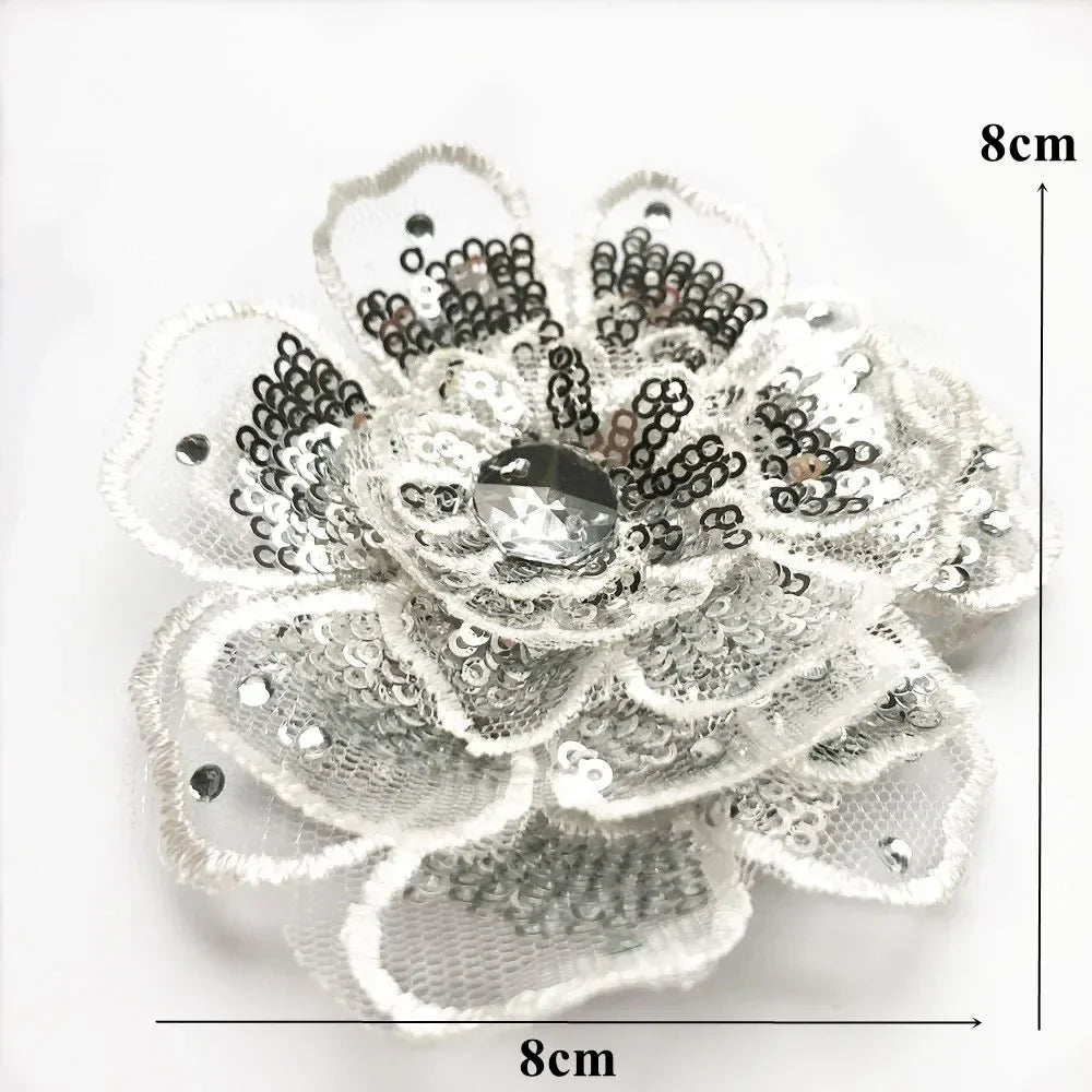 Silver Baroque Sequin Flower Applique – Embroidered Iron-On Patch for Wedding & DIY Crafts