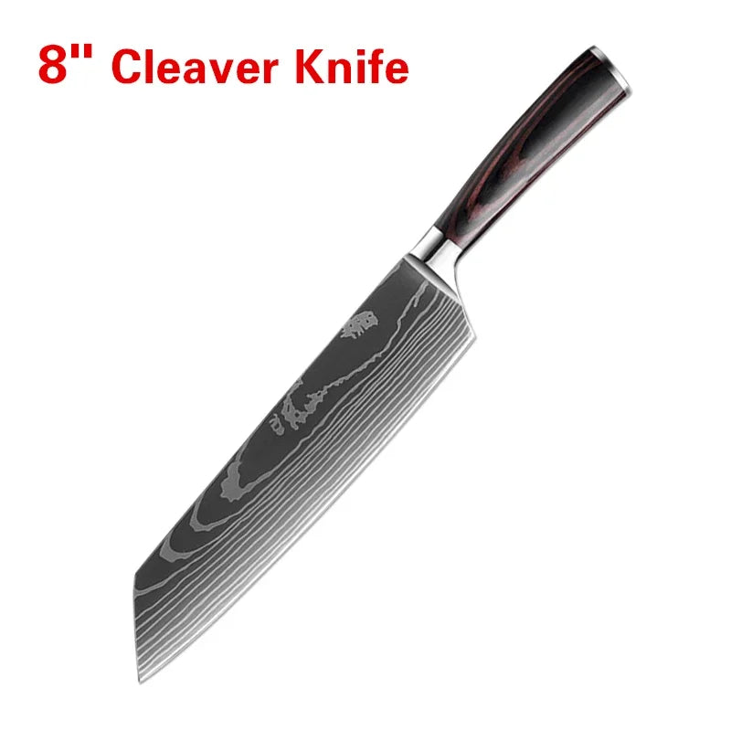Laser Damascus Kitchen Knife Set – Cleaver, Meat, Fruit, Bread, Boning Knife and Chicken Scissors for Barbecue and Home Cooking
