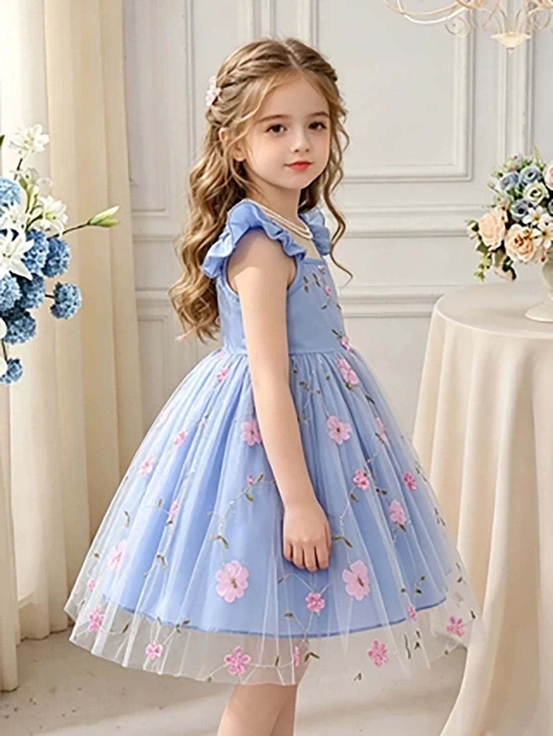 Girls’ Blue & Pink Floral Tulle Princess Dress - Flutter Sleeve Puffy Skirt Summer Party Dress