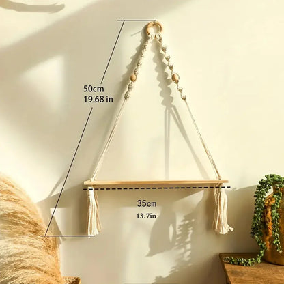 Macrame Hanging Shelf | Boho Wall Decor for Bedroom and Nursery | Rustic Wood Floating Shelves for Living Room and Bathroom | 1 PC