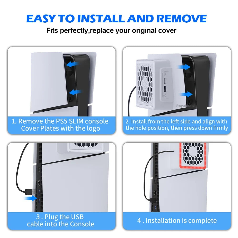 NEW Side-Mounted Cooling Fan for PS5 Slim – LED Light & 2 USB Ports Game Console Cooler Accessory