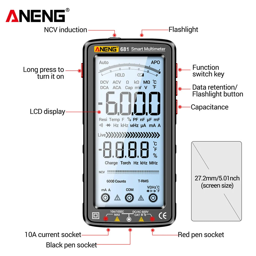 ANENG 681 Rechargeable Digital Multimeter — Professional Non-Contact AC/DC Voltage & Current Tester with LCD Screen