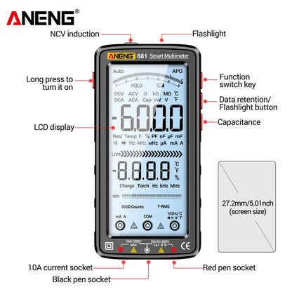 ANENG 681 Rechargeable Digital Multimeter — Professional Non-Contact AC/DC Voltage & Current Tester with LCD Screen