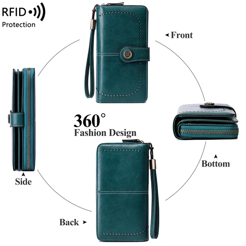 RFID Anti-Theft Retro Large Capacity Women's Wallet – Multi-Card Zipper Wallet with Wrist Strap