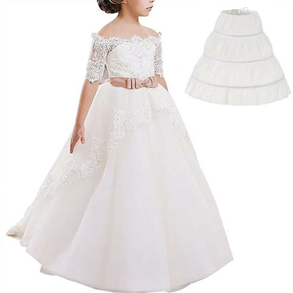 White Children’s Petticoat - A-Line 3-Hoop Lace Trim Crinoline Skirt