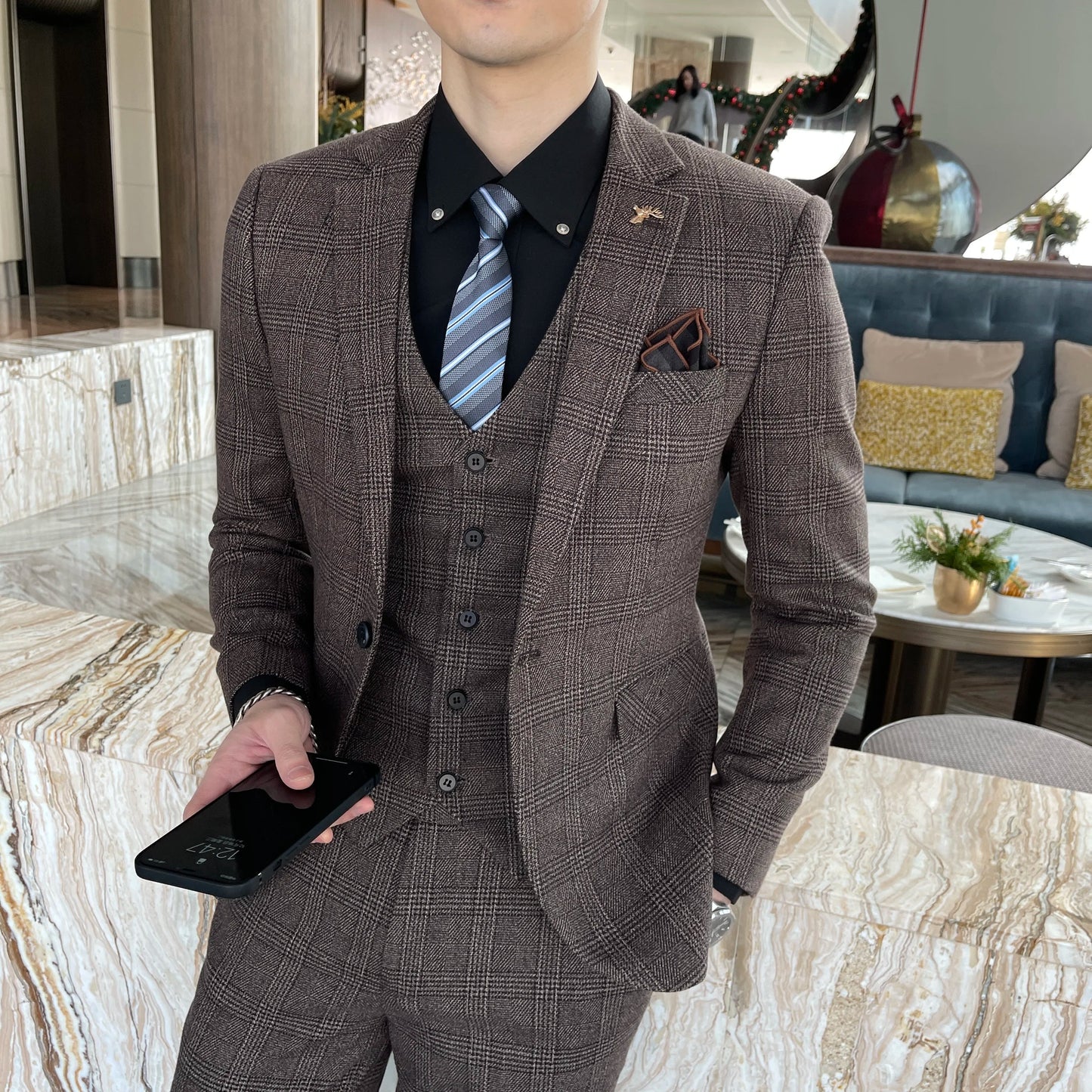 Men’s British Korean Plaid Three-Piece Suit – Stylish Business Casual Set with Blazer, Vest & Trousers
