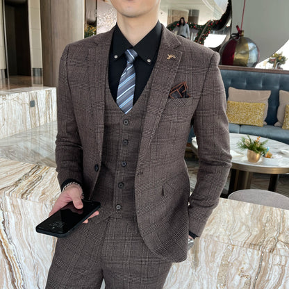 Men’s British Korean Plaid Three-Piece Suit – Stylish Business Casual Set with Blazer, Vest & Trousers
