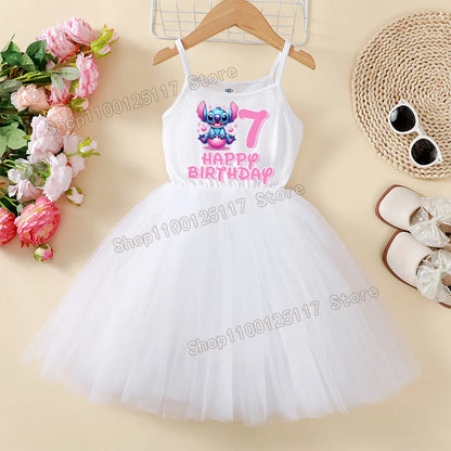 Disney Stitch Baby Girl Tulle Dress — Birthday Number 1-9 Party Skirt, Cute Summer White Dress for Kids