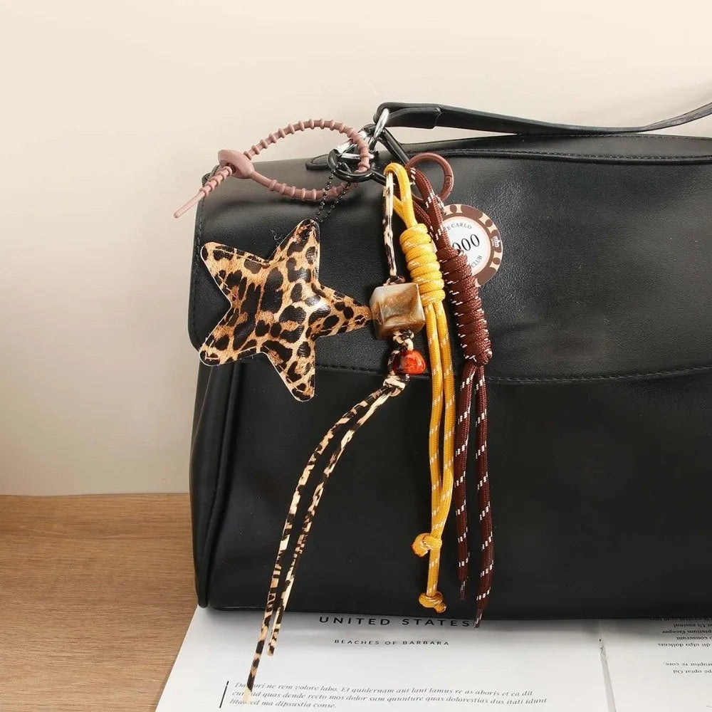 Funny Elegant Starfish Tassel Keychain – Alloy Leopard Print Leather Tulip Cartoon Frog Beaded Bag Pendant Charm for Party & Gifts