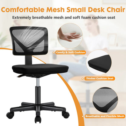 Mesh Armless Office Chair – Low Back with Lumbar Support, Adjustable Height, 360° Swivel & Wheels
