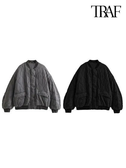 TRAF Women’s Quilted Aviator Jacket – Solid Color Round Collar Long Sleeve Casual Coat