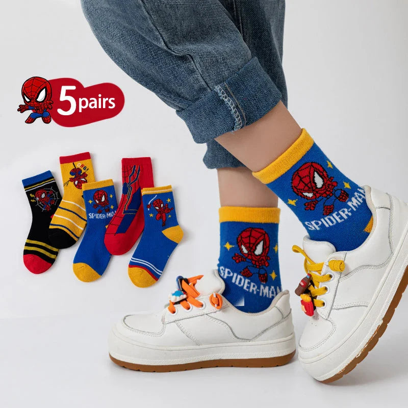 5 Pairs Children’s Spider-Man Socks – Cute Cartoon Cotton Medium Tube Socks for Boys & Girls (Ages 1-12)