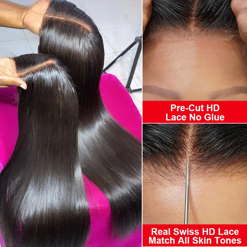 Pre-Cut Glueless 13x6 HD Lace Frontal Wig – 40 Inch Straight Human Hair, Pre-Plucked Ready-to-Wear for Women