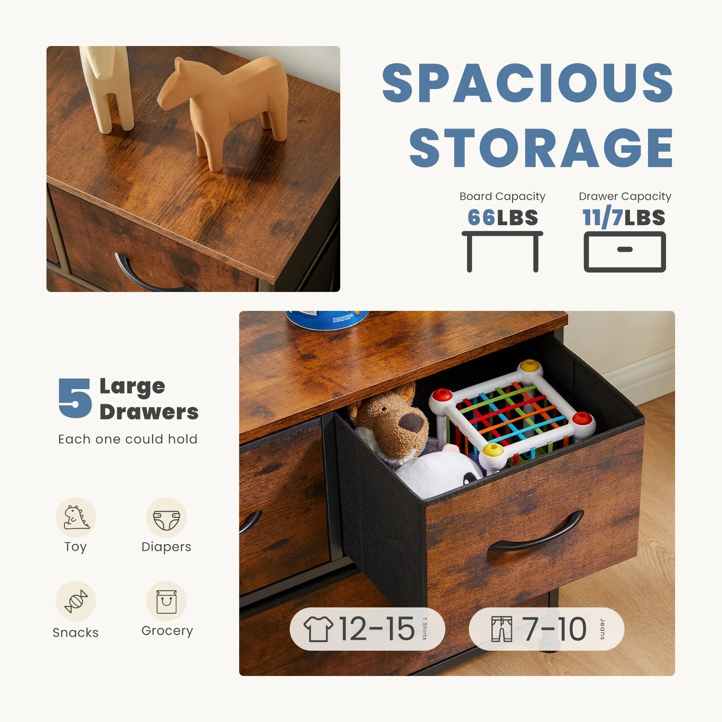 Living Room Display Cabinet – 5 Fabric Drawers with Steel Frame, Wardrobe Closet for Clothes Storage & Dresser