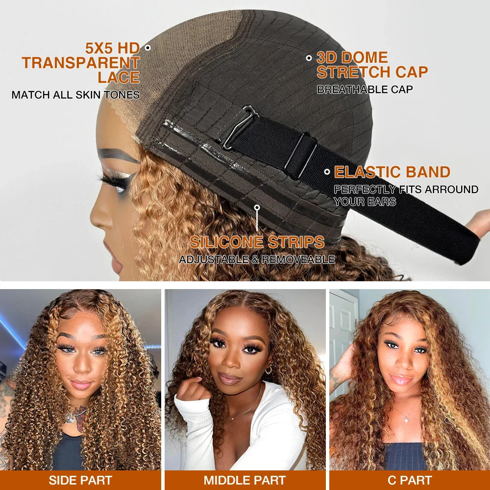 Deep Wave Honey Blonde Glueless Human Hair Wig — Pre-Cut HD Lace Front Ombre Curly Wig for Women