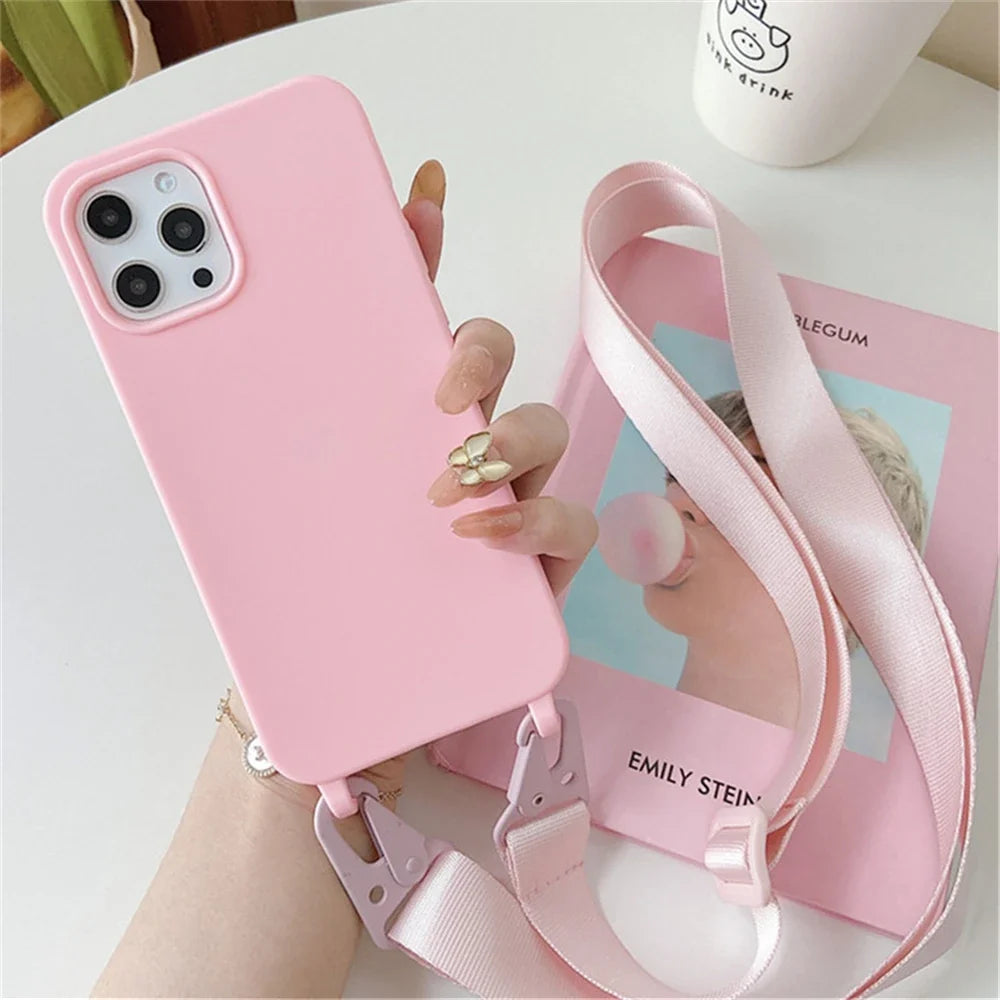 Crossbody Necklace Strap Silicone Case - Matte Shockproof Phone Cover for iPhone 17, 16, 15, 14 Pro Max & More